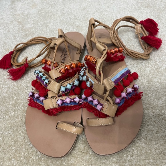 BARBARA BARBIERI Tasseled Leather Sandals Lace Up Pom Pom Strappy Sandals - Picture 4 of 6